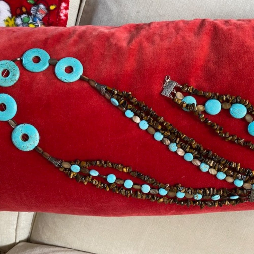 Artisan Tiger's Eye, Turquoise & MOP Necklace, Bracelet & Earring Parure Set